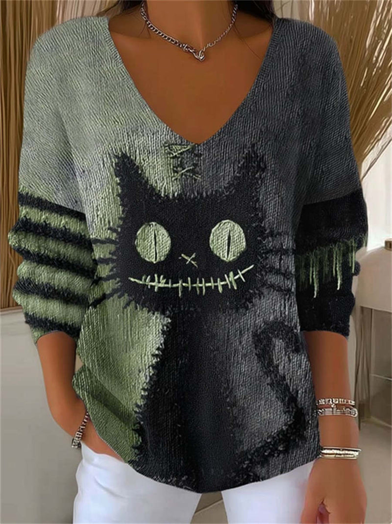 Women's Halloween Green Black Gradient Stitched Cat Stripe Print V Neck Long Sleeve Top