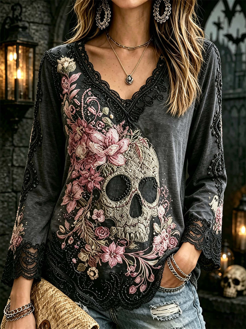 Women's Halloween Dark Grey Skull Floral Lace Splicing Print V Neck Long Sleeve Blouse