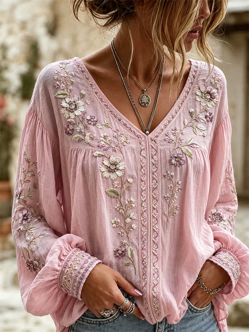 Women's Pink Floral Print V Neck Lantern Long Sleeve Blouse