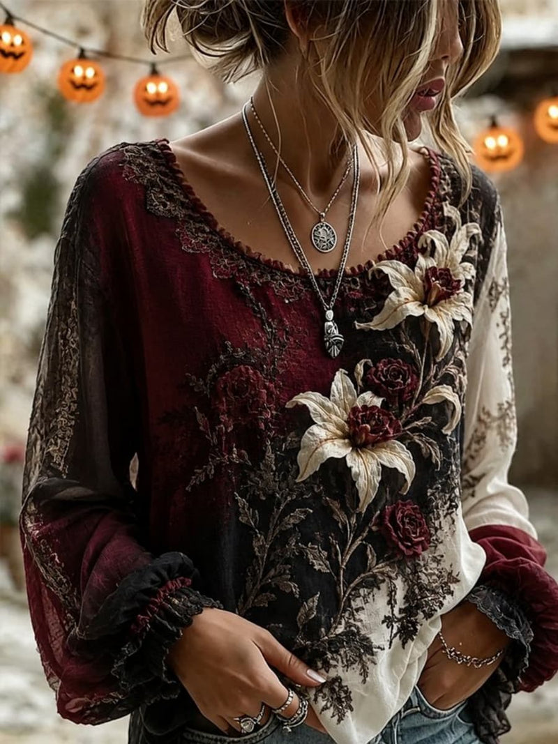 Women's Halloween Wine Black Floral Print Scoop Neck Long Sleeve Blouse