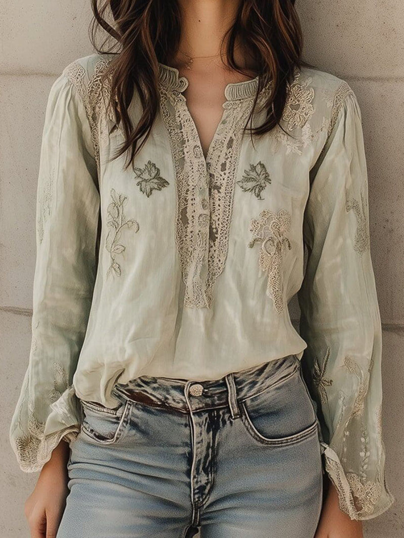 Women's Light Green Leaf Floral Print Lace Splicing Notched Neck Long Sleeve Blouse