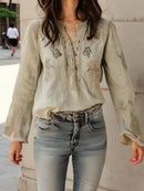 Women's Light Green Leaf Floral Print Lace Splicing Notched Neck Long Sleeve Blouse
