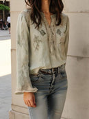 Women's Light Green Leaf Floral Print Lace Splicing Notched Neck Long Sleeve Blouse