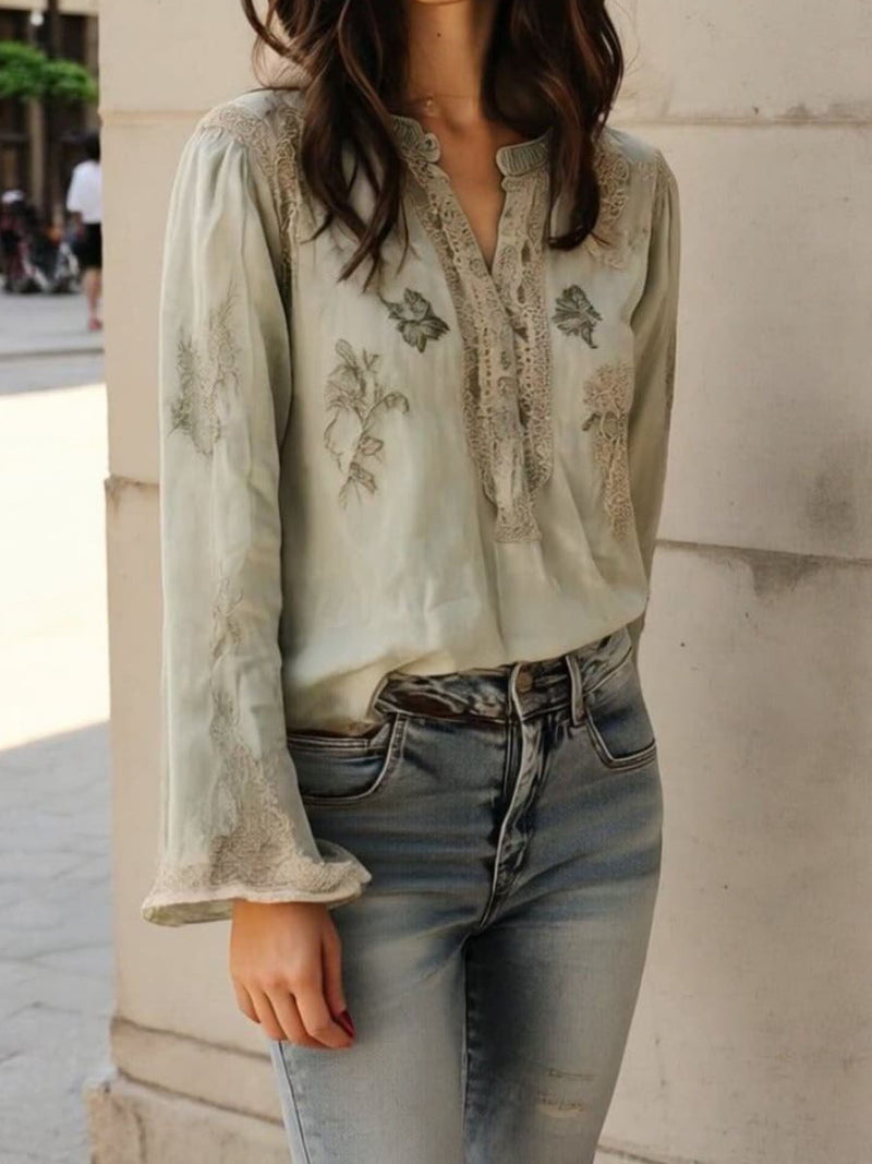 Women's Light Green Leaf Floral Print Lace Splicing Notched Neck Long Sleeve Blouse