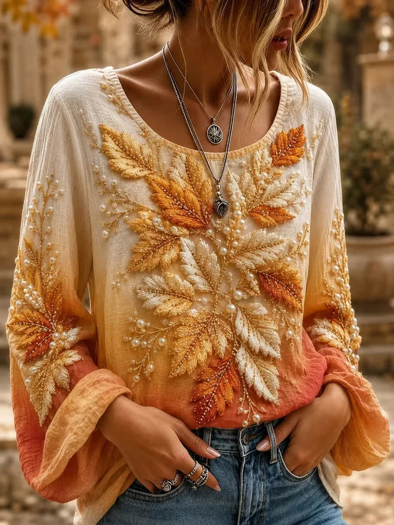 Women's Orange Beige Gradient Maple Leaf Pearl Print Round Neck Long Sleeve Blouse