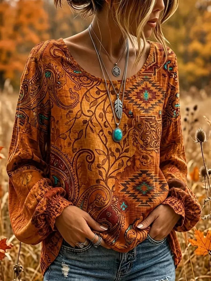 Women's Orange Ethnic Paisley Geometric Print Round Neck Long Sleeve Blouse