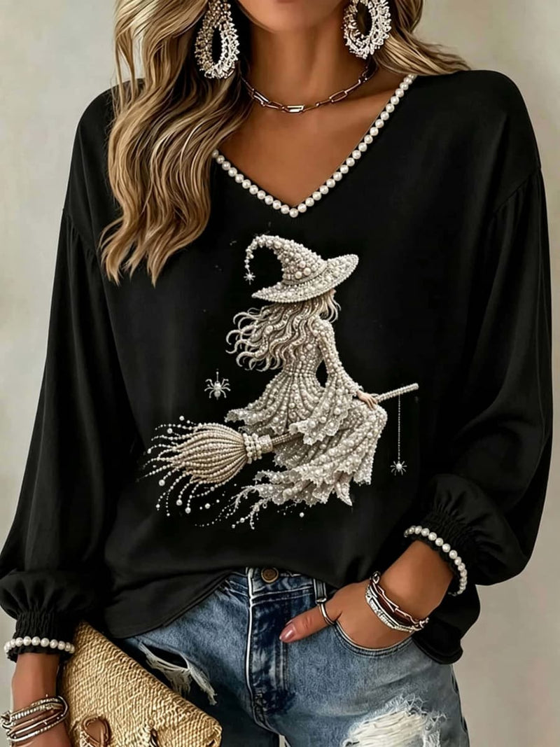 Women's Halloween Black Witch Broom Pearl Print V Neck Long Sleeve Blouse