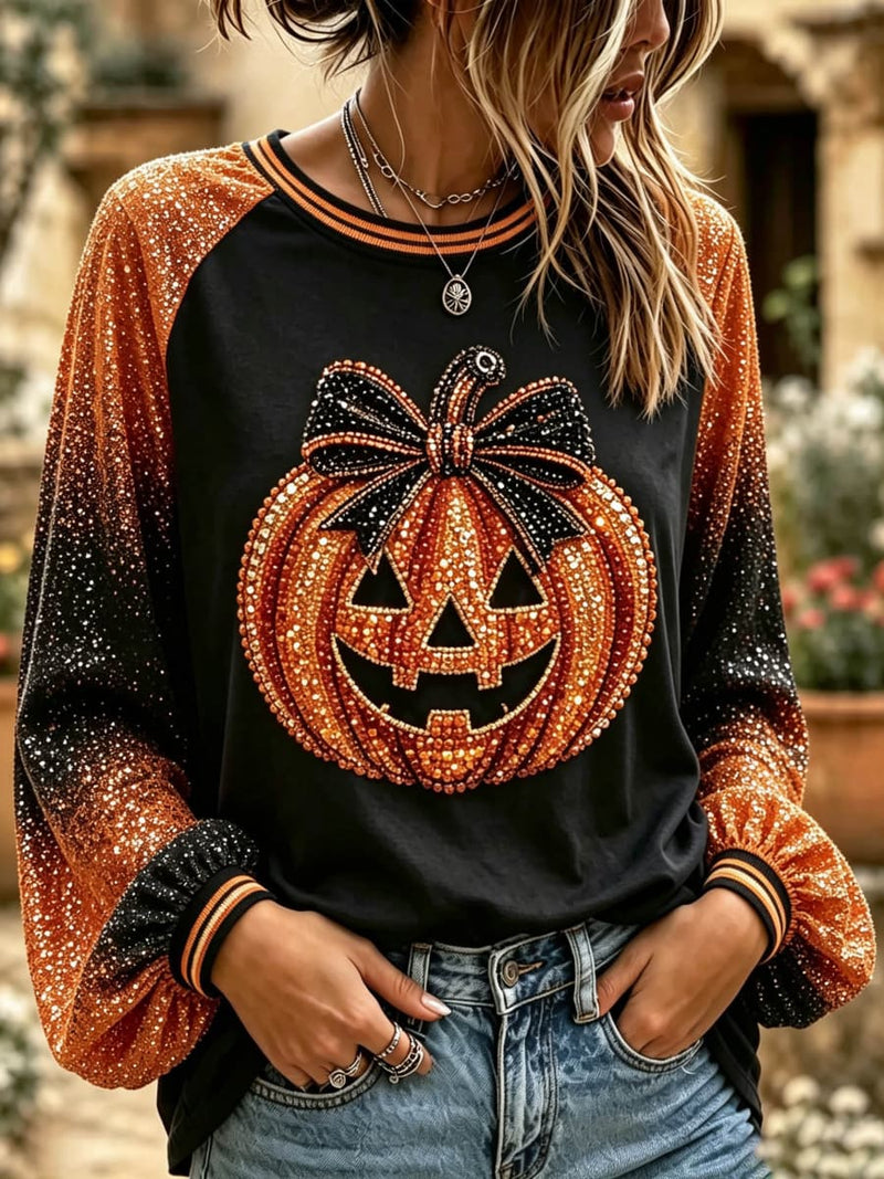 Women's Halloween Black Orange Pumpkin Bow Print Round Neck Long Sleeve Blouse
