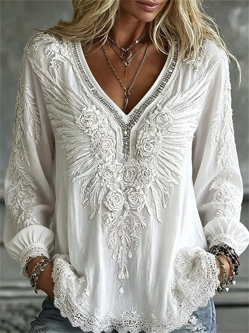 Women's White Floral Wing Print Lace V Neck Long Sleeve Blouse