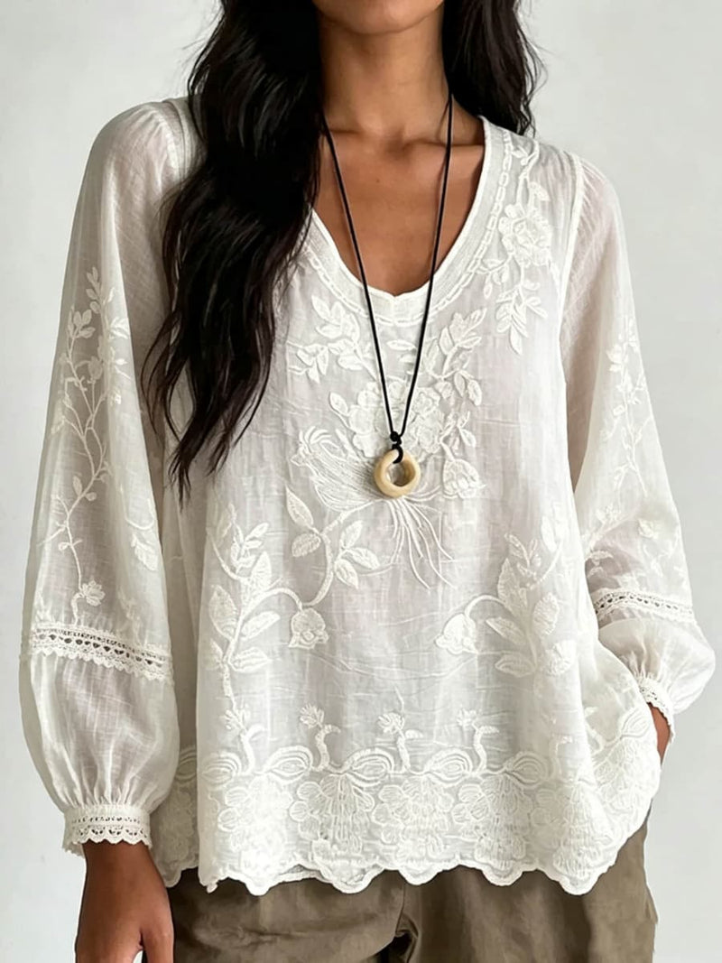 Women's White Floral Lace Splicing Round Neck Long Sleeve Blouse