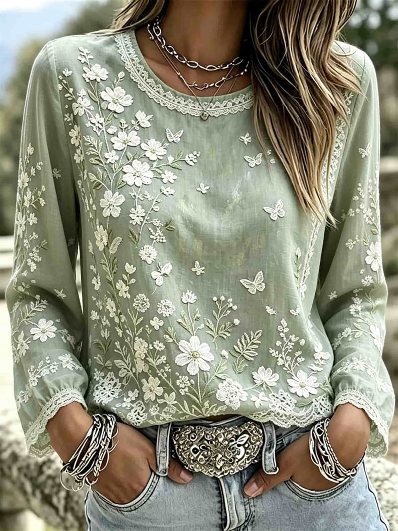 Women's Sage Floral Butterfly Print Lace Trim Round Neck Long Sleeve Blouse