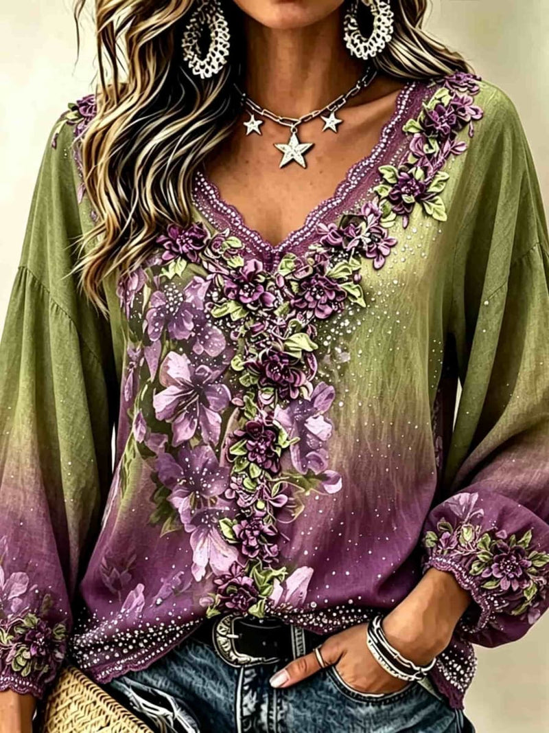 Women's Green Purple Gradient Floral Print V Neck Long Sleeve Blouse