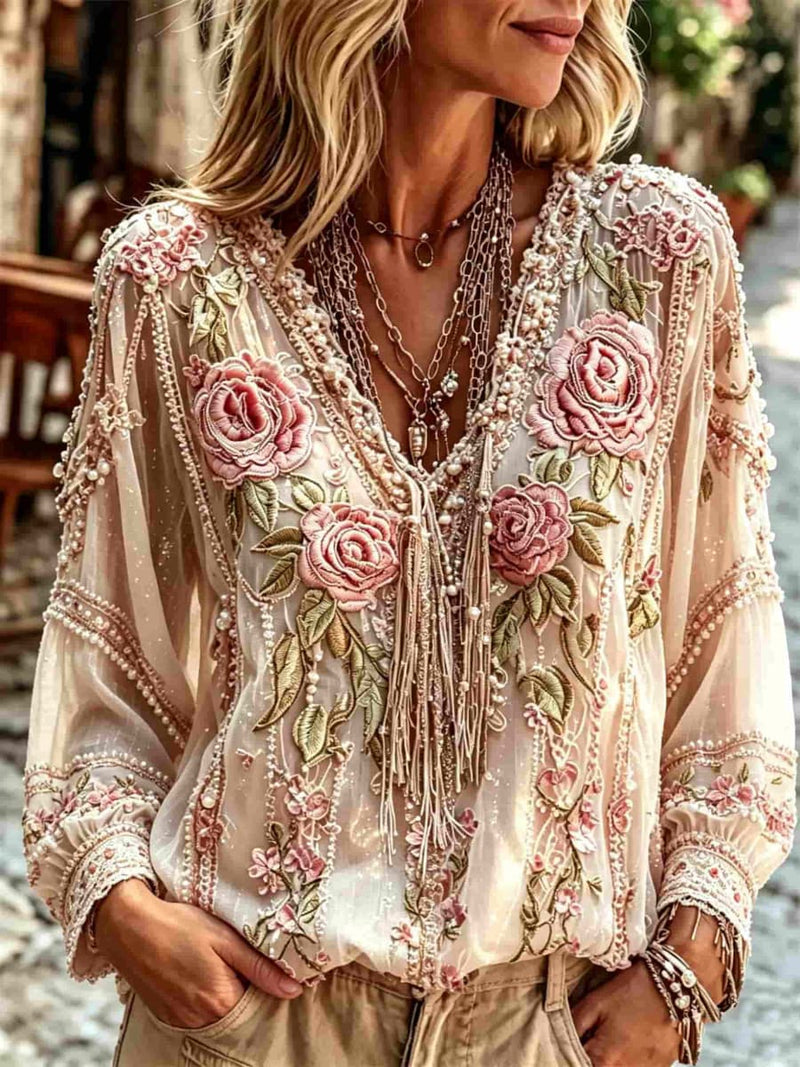 Women's Pink Rose Print Tassel V Neck Long Sleeve Blouse