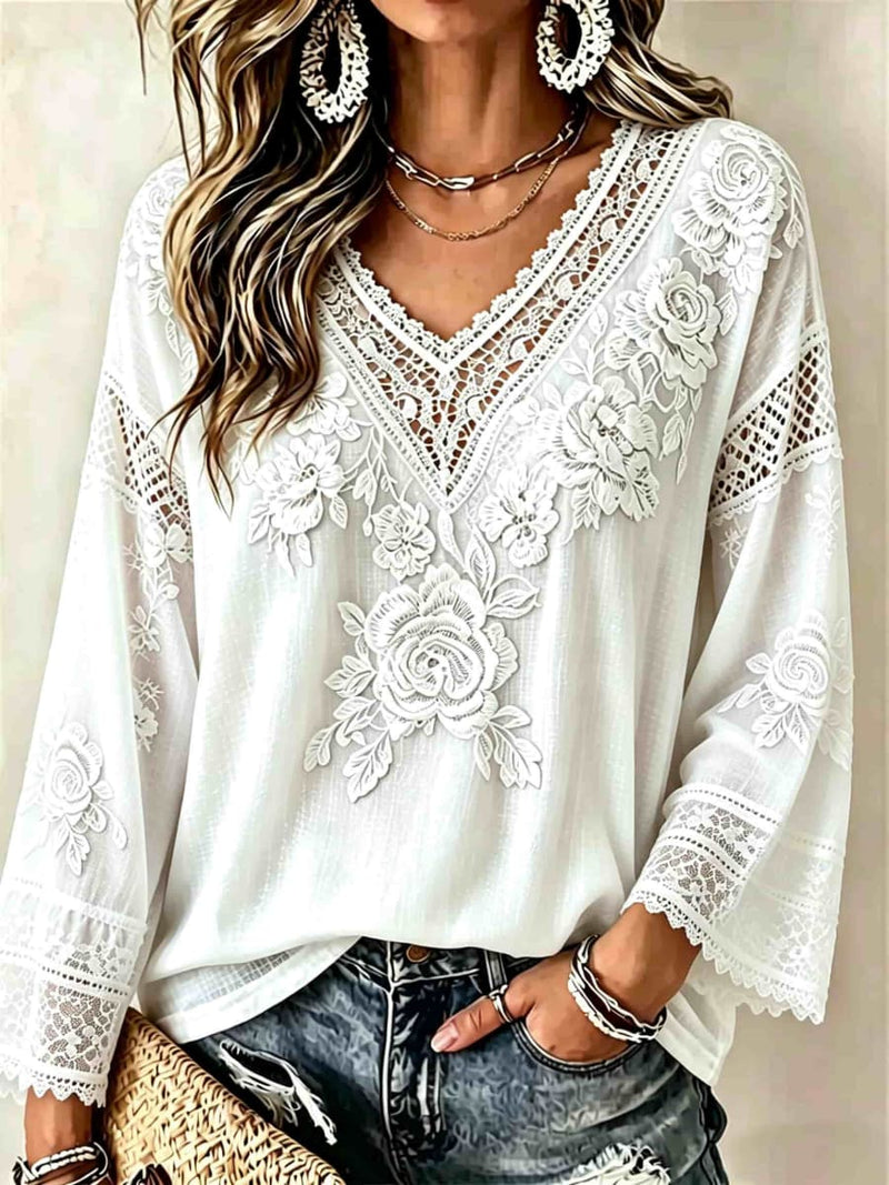Women's White Rose Floral Lace Splicing V Neck Long Sleeve Blouse