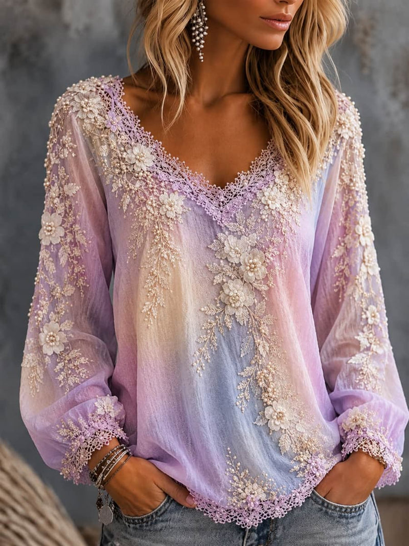 Women's Purple Gradient Floral Lace Splicing V Neck Long Sleeve Blouse