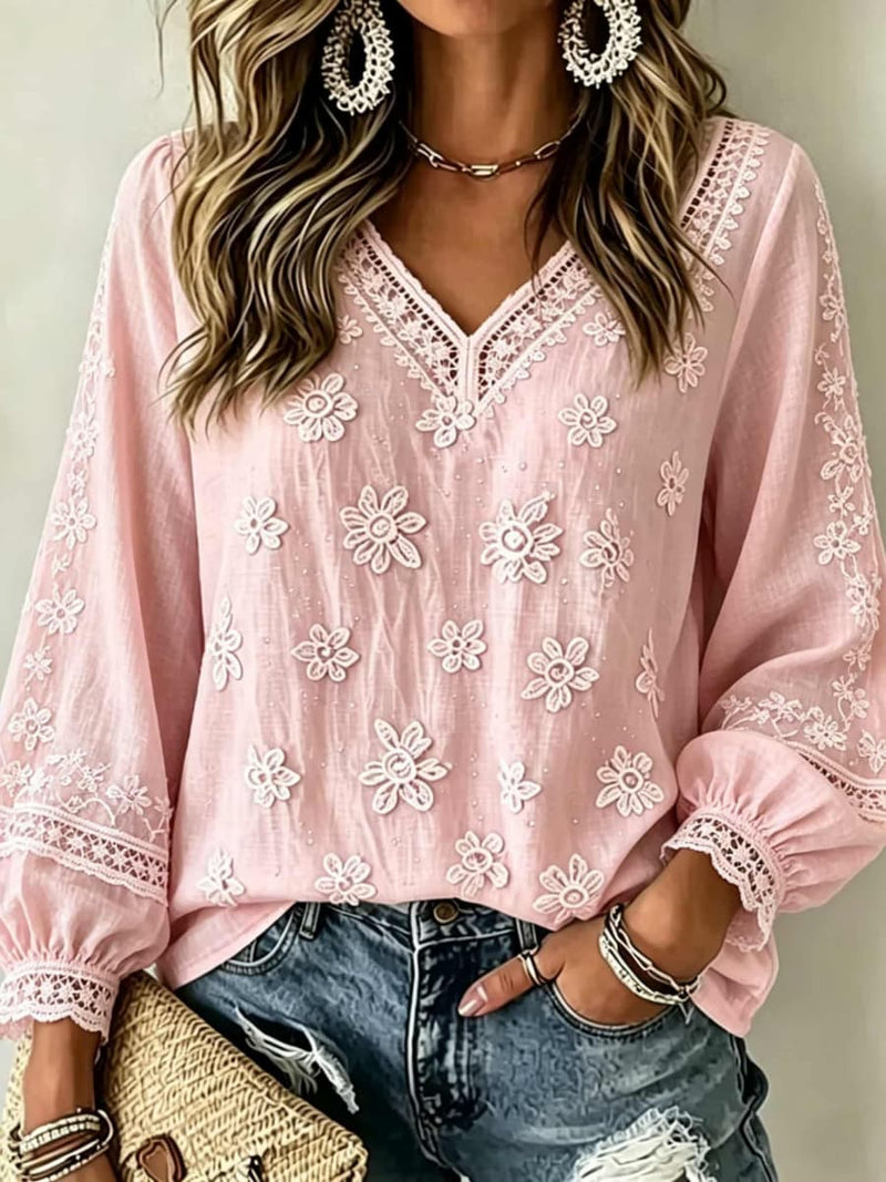 Women's Pink Floral Lace Splicing V Neck Long Sleeve Blouse