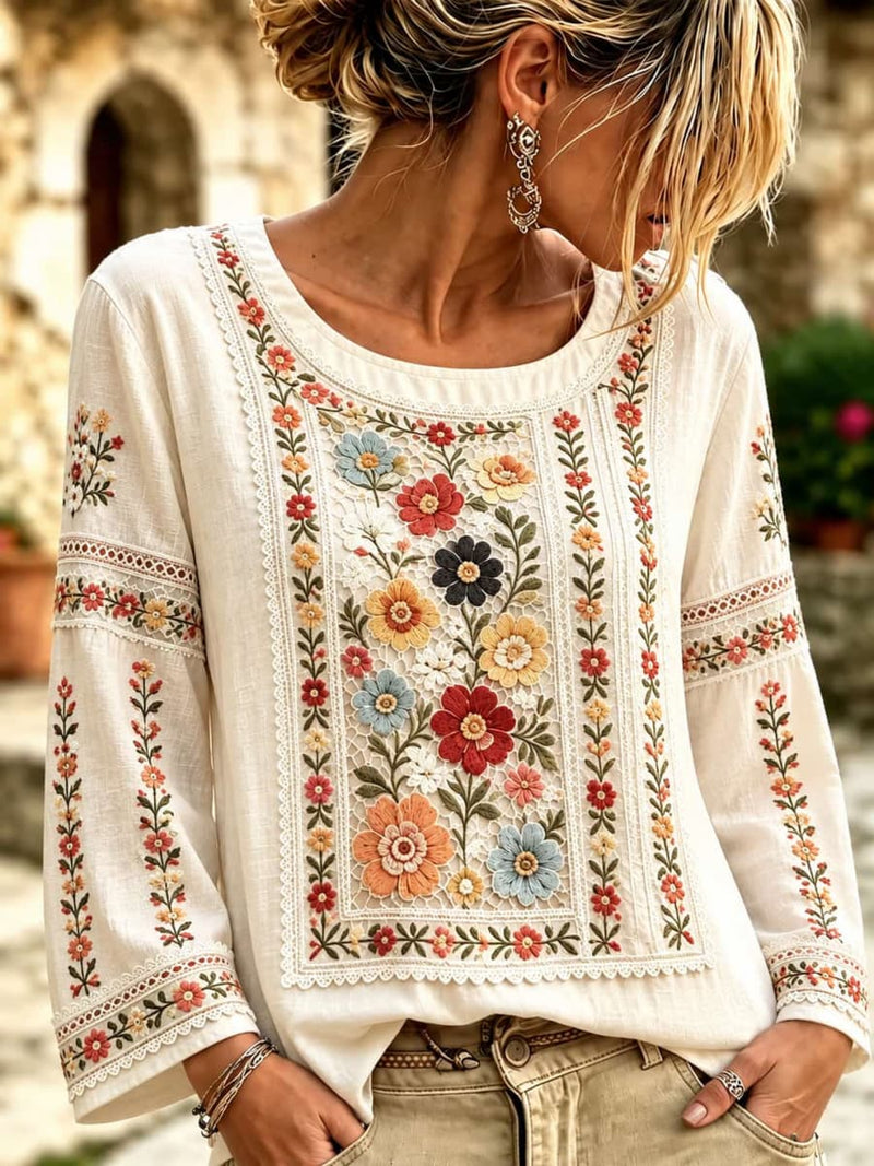 Women's Beige Multi Color Floral Print Lace Trim Round Neck Long Sleeve Blouse