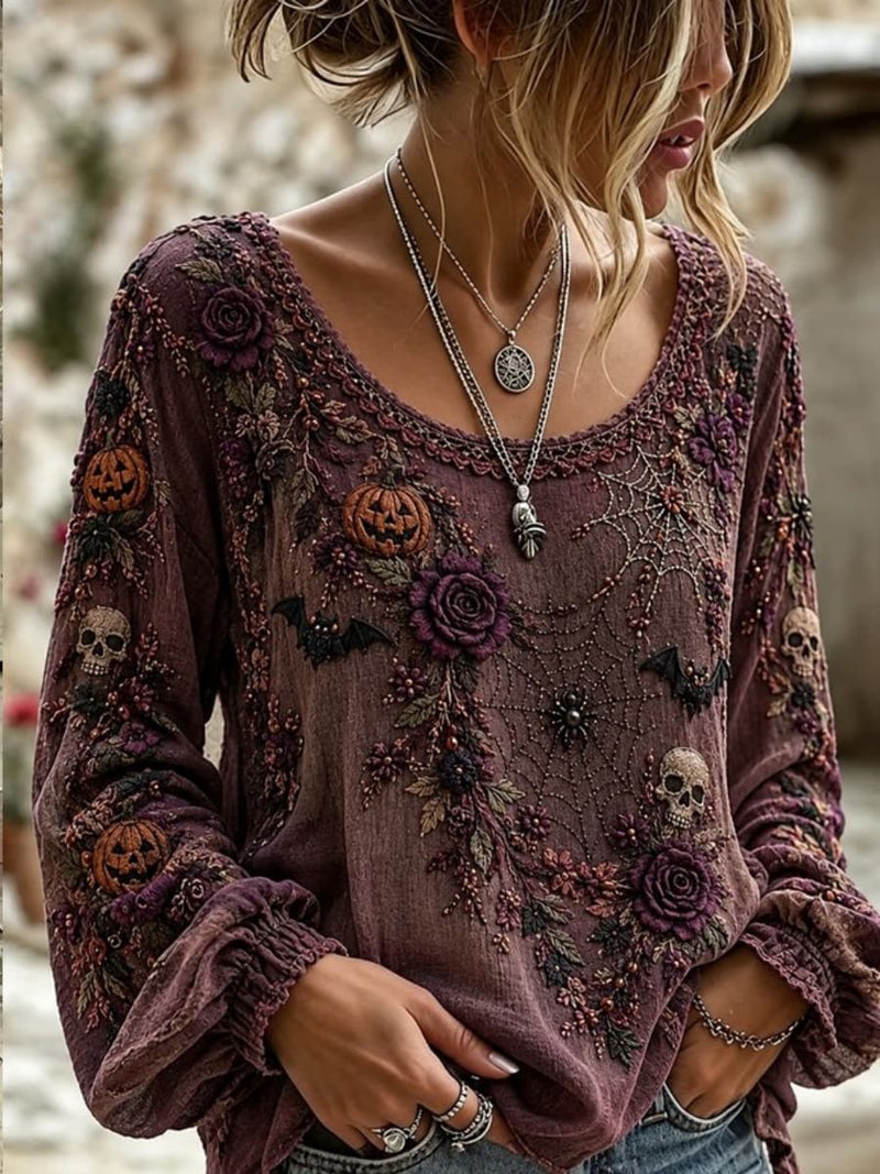 Women's Halloween Burgundy Pumpkin Skull Rose Print Round Neck Long Sleeve Blouse
