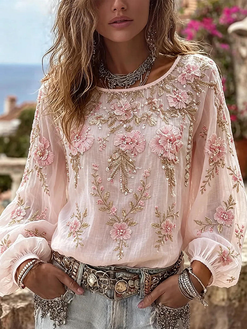 Women's Light Pink Vintage Floral Print Round Neck Long Sleeve Blouse