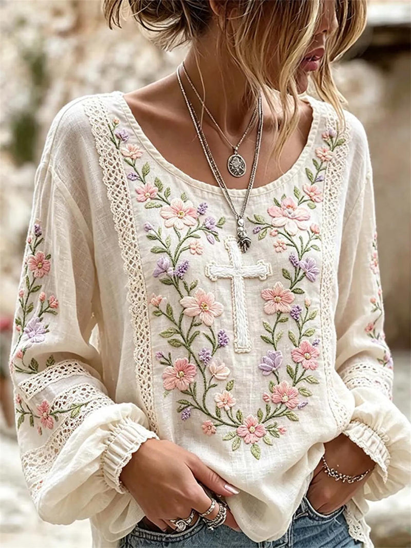 Women's Off White Cross Floral Print Round Neck Long Sleeve Blouse