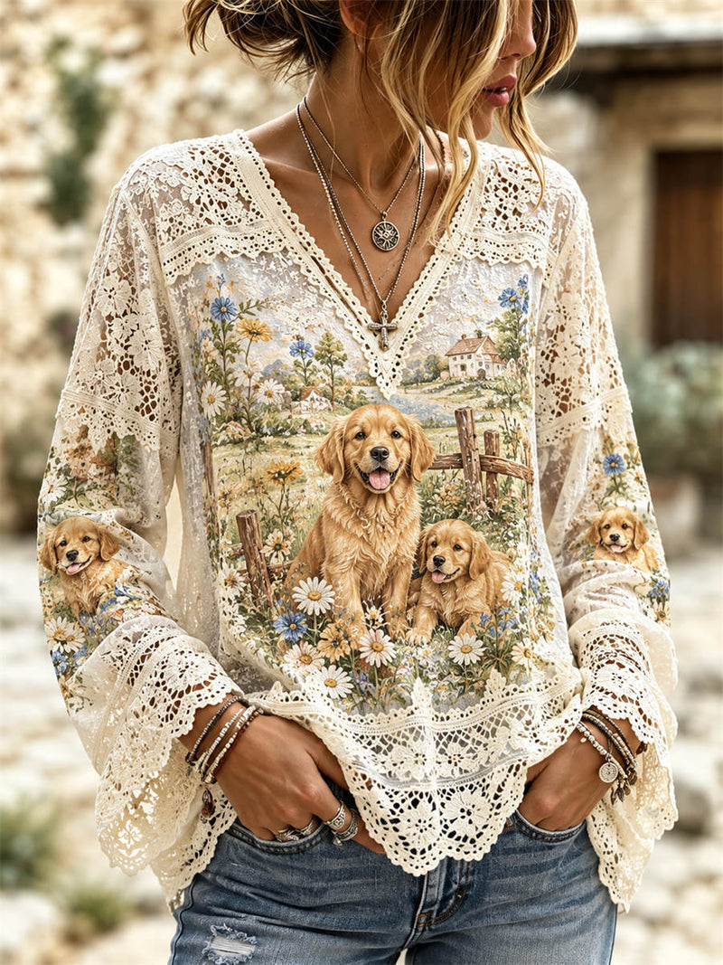 Women's Off White Golden Retriever Floral Landscape Print Lace Splicing V Neck Long Sleeve Blouse