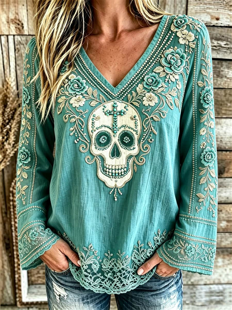 Women's Halloween Teal Floral Skull Print V Neck Long Sleeve Blouse