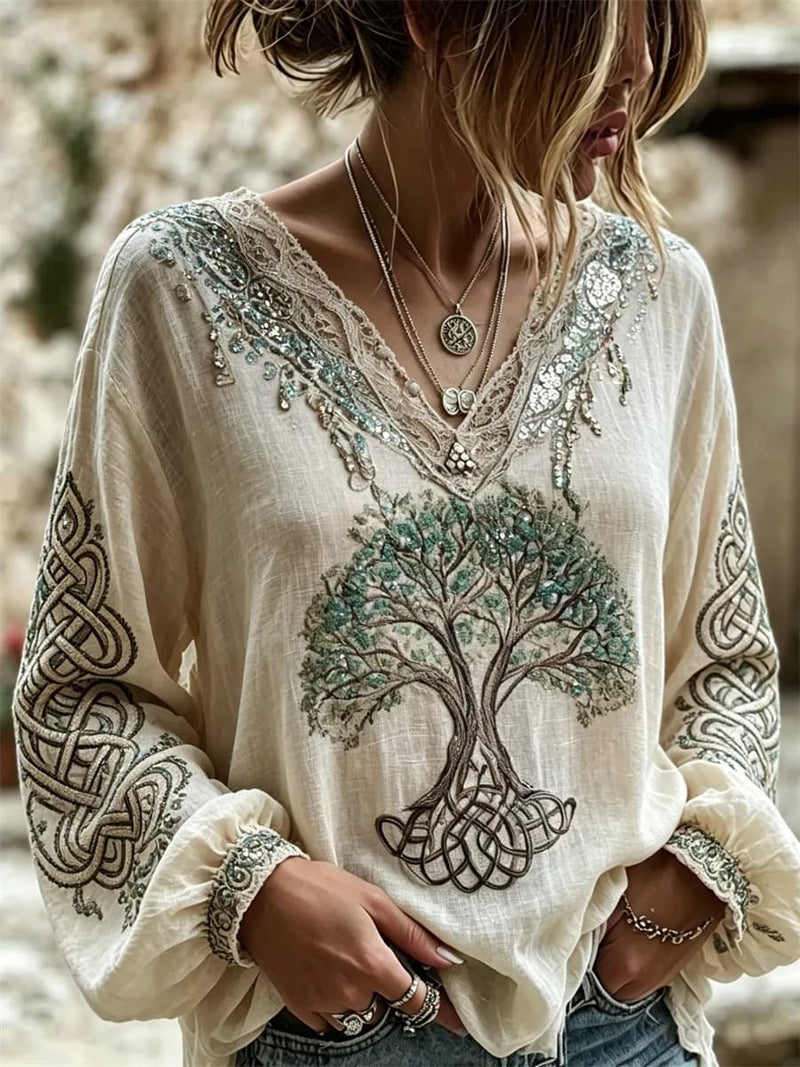 Women's Beige Tree Of Life Print Lace Splicing V Neck Long Sleeve Blouse