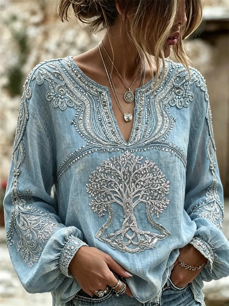 Women's Light Blue Tree Print Notch V Neck Long Sleeve Blouse