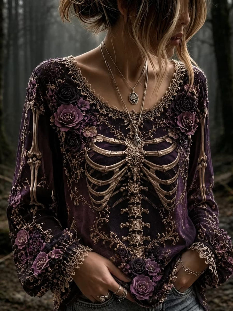 Women's Halloween Dark Purple Skeleton Floral Print V Neck Long Sleeve Blouse