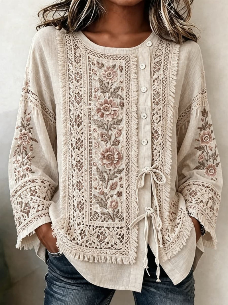 Women's Beige Floral Lace Fringe Round Neck Long Sleeve Drawstring Blouse