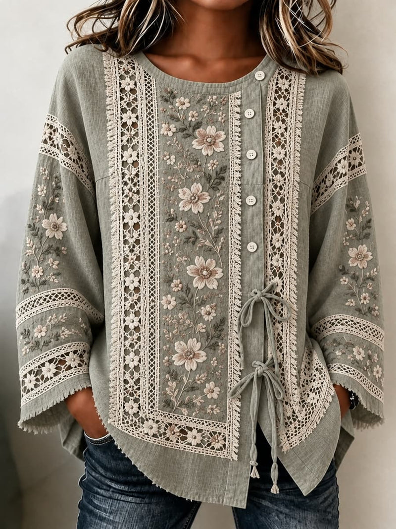 Women's Sage Green Floral Lace Fringe Round Neck Long Sleeve Drawstring Blouse