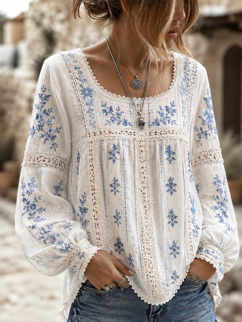 Women's White Blue Floral Lace Square Neck Long Sleeve Blouse