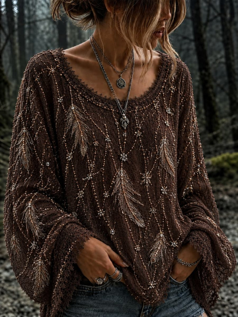 Women's Brown Feather Print Scoop Neck Long Sleeve Lace Blouse