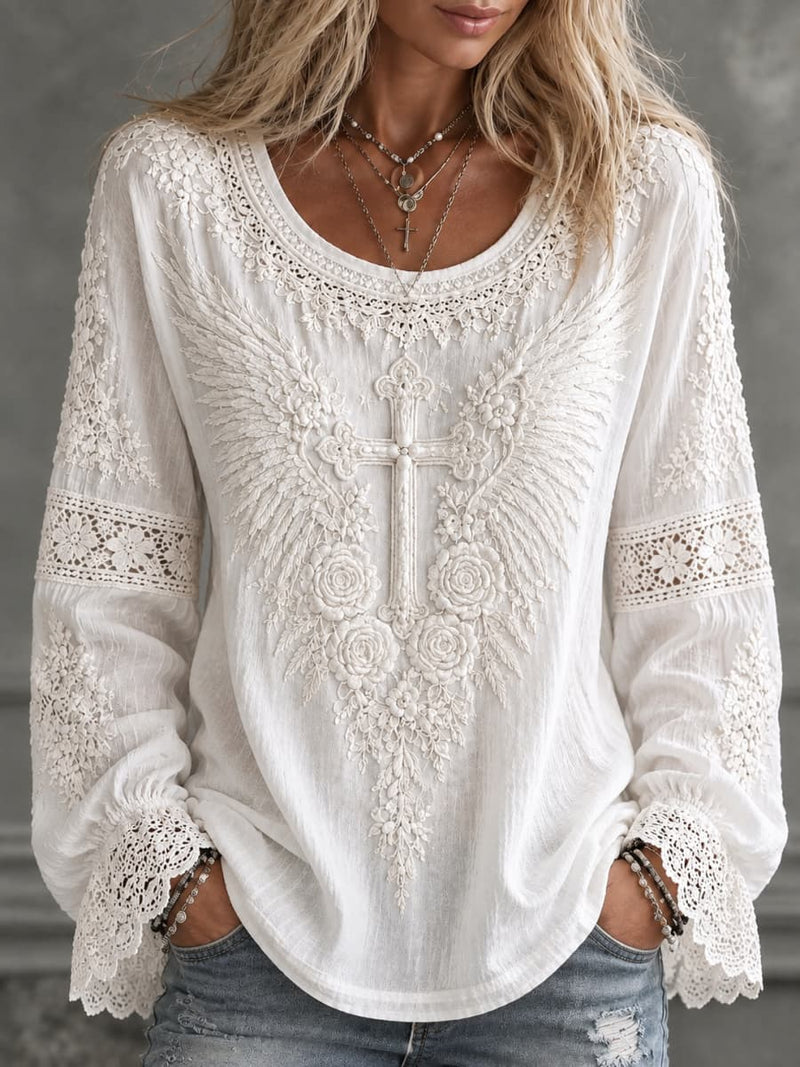 Women's White Cross Wing Floral Lace Round Neck Long Sleeve Blouse