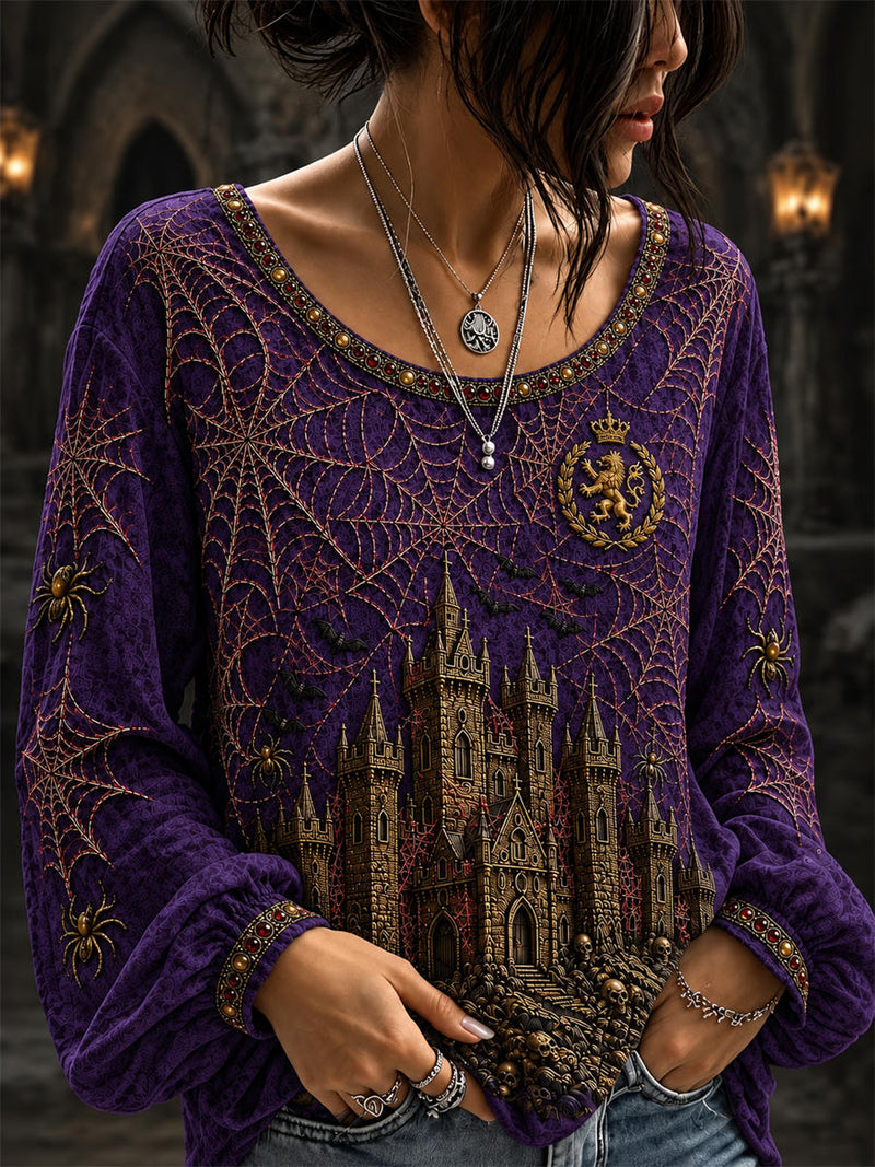 Women's Halloween Purple Castle Spider Web Print Scoop Neck Long Sleeve Blouse