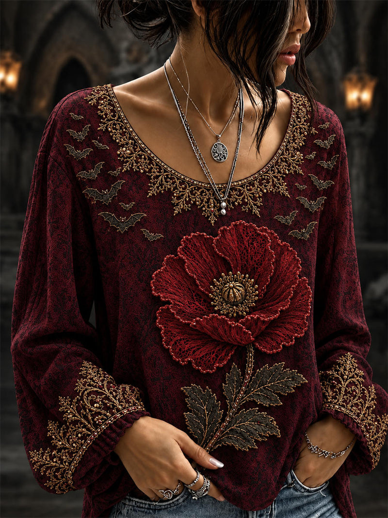 Women's Halloween Burgundy Poppy Bat Print Scoop Neck Long Sleeve Blouse