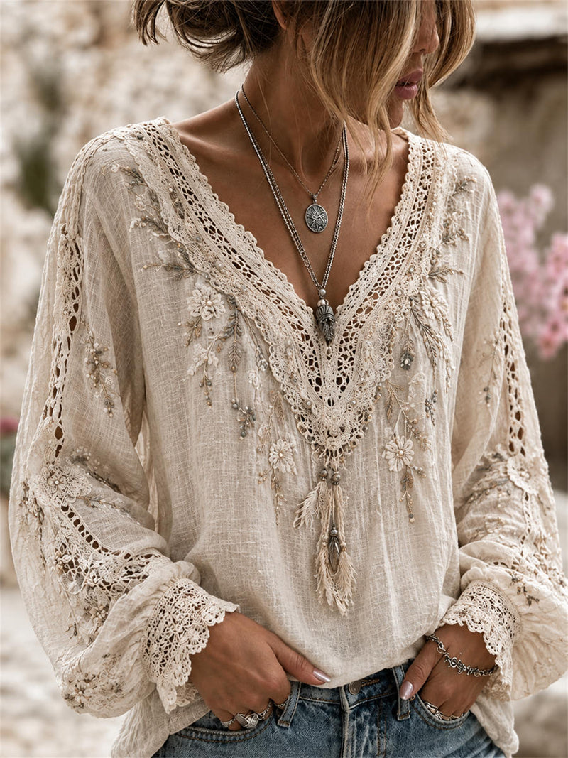 Women's Beige Floral Lace Hollow Out V Neck Long Sleeve Blouse