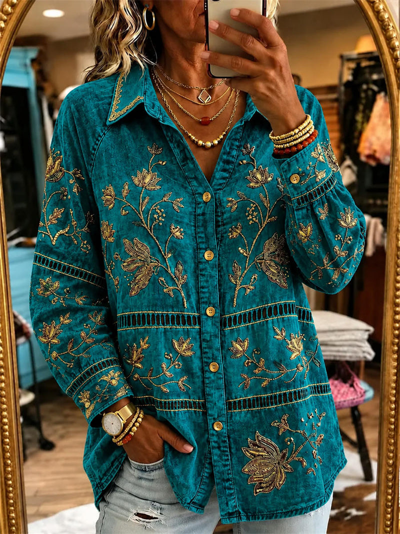 Women's Teal Floral Print Lapel Long Sleeve Shirt