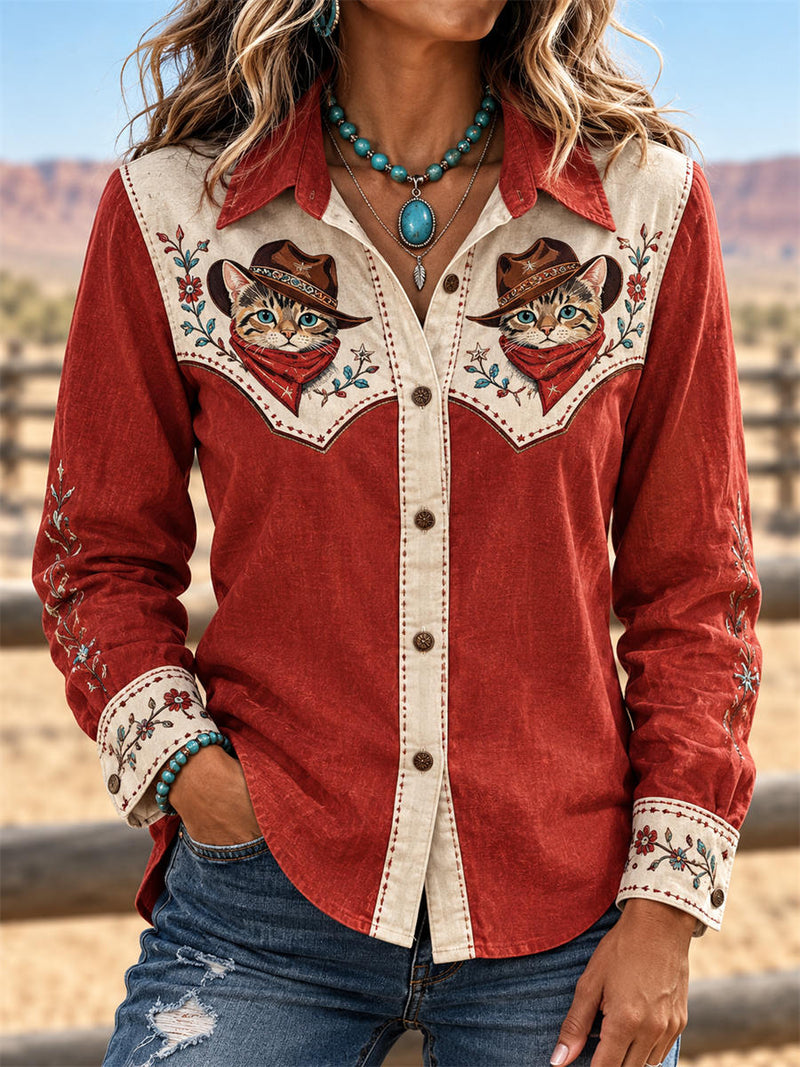 Women's Red Color Block Western Cat and Floral Print Lapel Long Sleeve Shirt