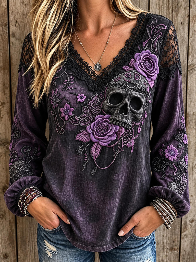 Women's Halloween Purple Black Skull Rose Floral Lace V Neck Long Sleeve Blouse