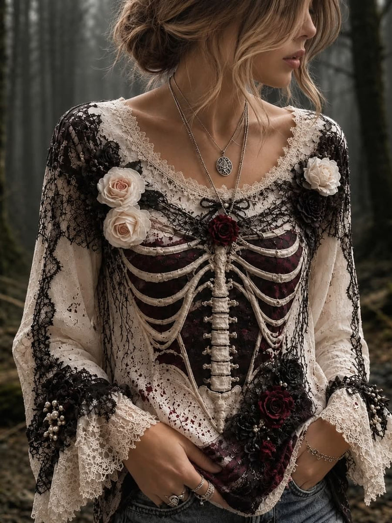 Women's Halloween Cream Skeleton Rose Lace Scoop Neck Flare Long Sleeve Blouse