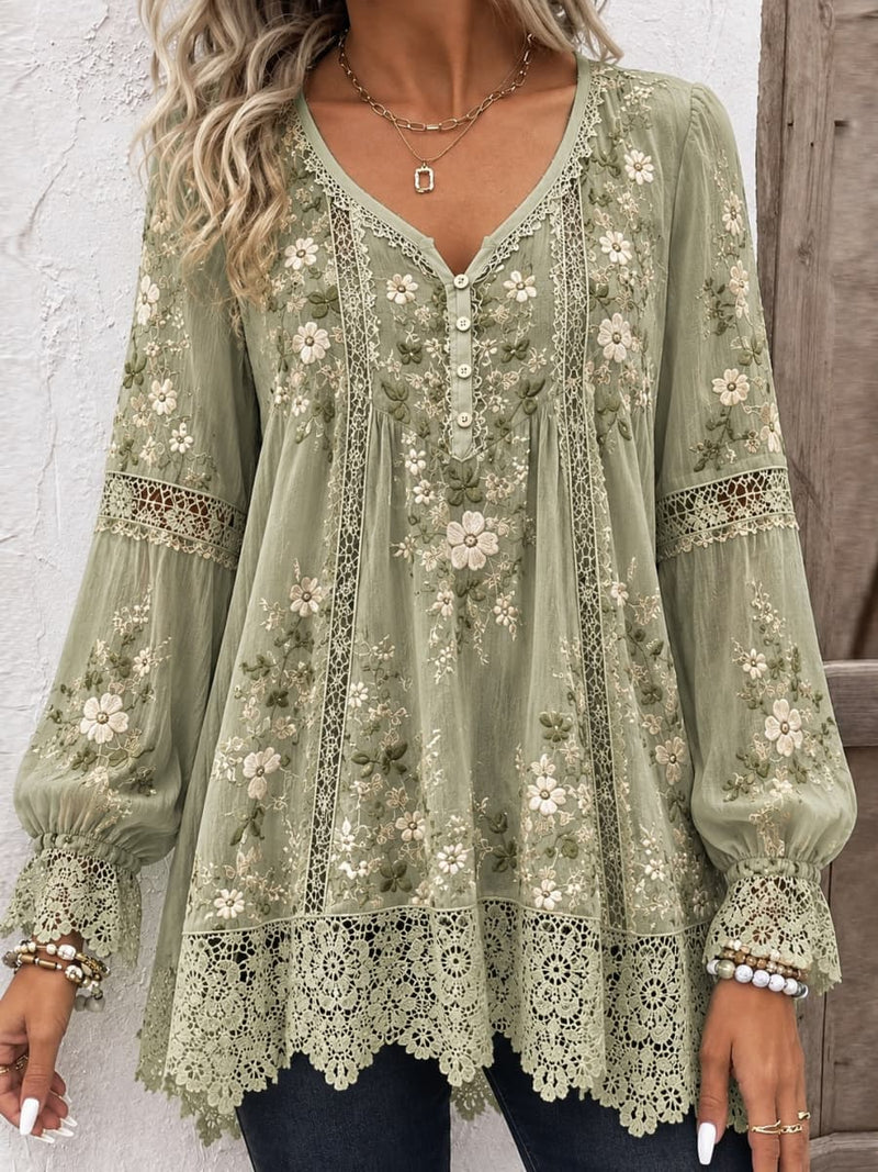 Women's Sage Green Floral Lace V Neck Button Long Sleeve Blouse