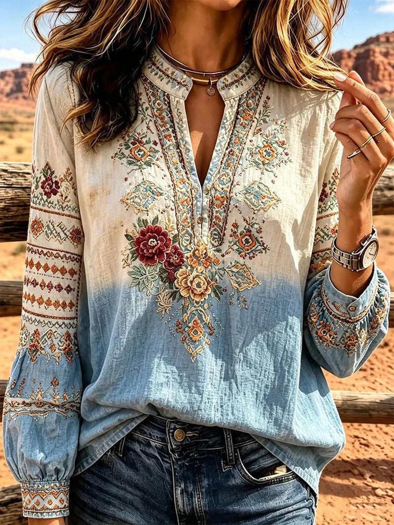Women's Blue Beige Gradient Floral Geometric Print Notch Collar Long Sleeve Blouse