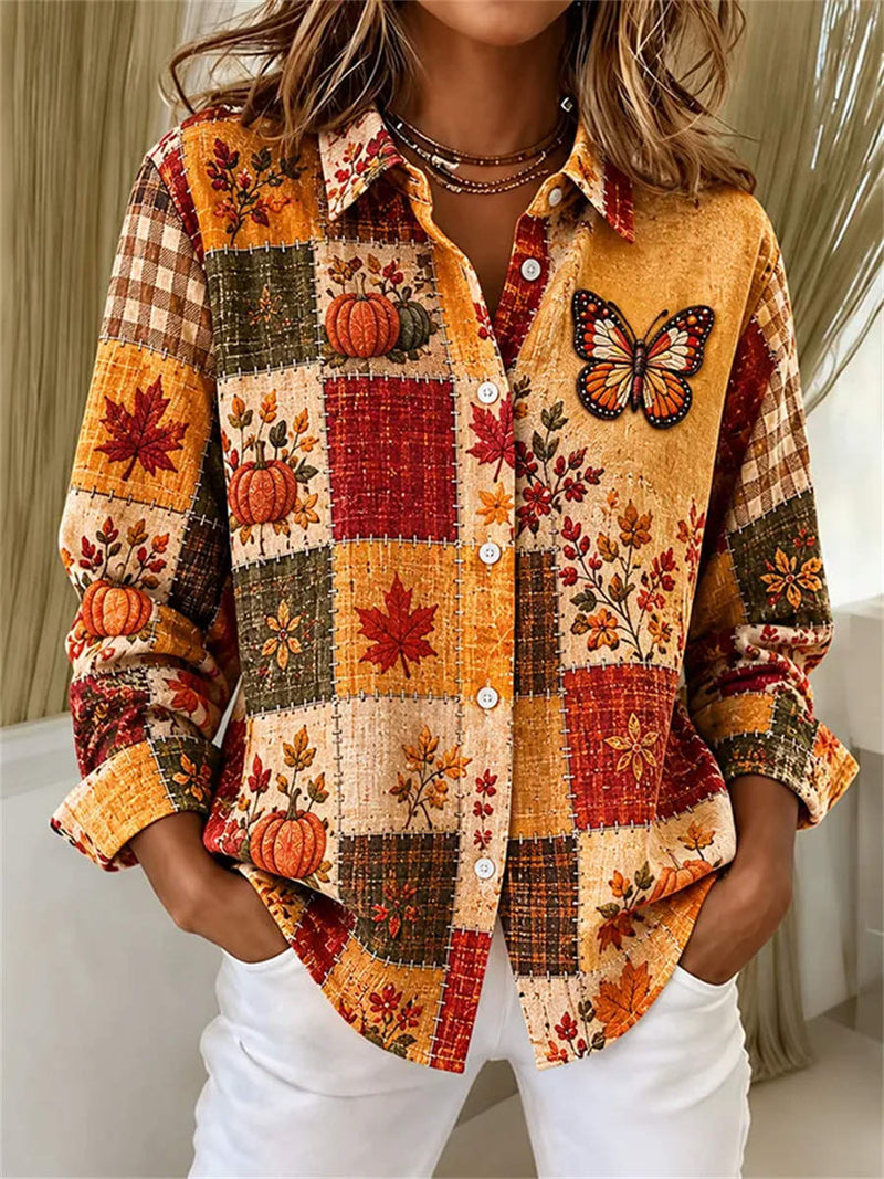 Women's Thanksgiving Patchwork Pumpkin Maple Leaf Butterfly Print Lapel Collar Long Sleeve Shirt