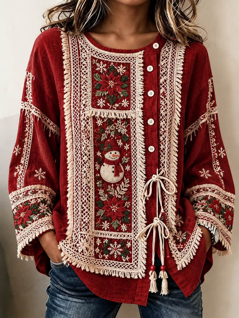 Women's Christmas Red Snowman Floral Lace Fringe Round Neck Long Sleeve Drawstring Blouse