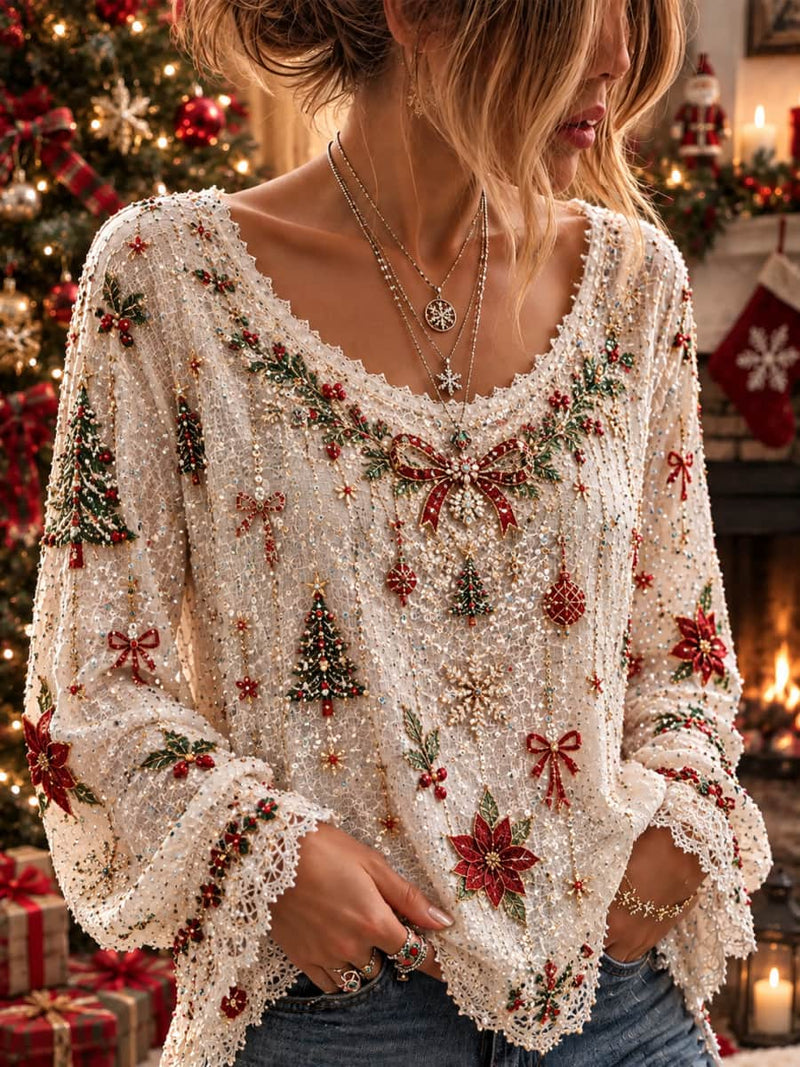 Women's Christmas White Christmas Tree Bow Poinsettia Lace Scoop Neck Long Sleeve Blouse