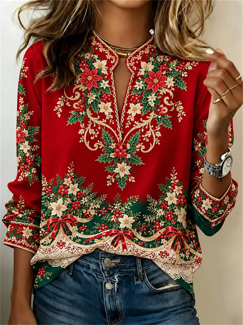 Women's Christmas Red Poinsettia Holly Bow Print Notch V Neck Long Sleeve Blouse