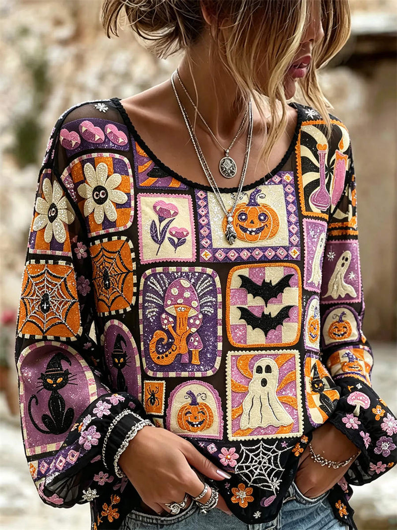Women's Halloween Purple Patchwork Ghost Cat Print Round Neck Long Sleeve Blouse