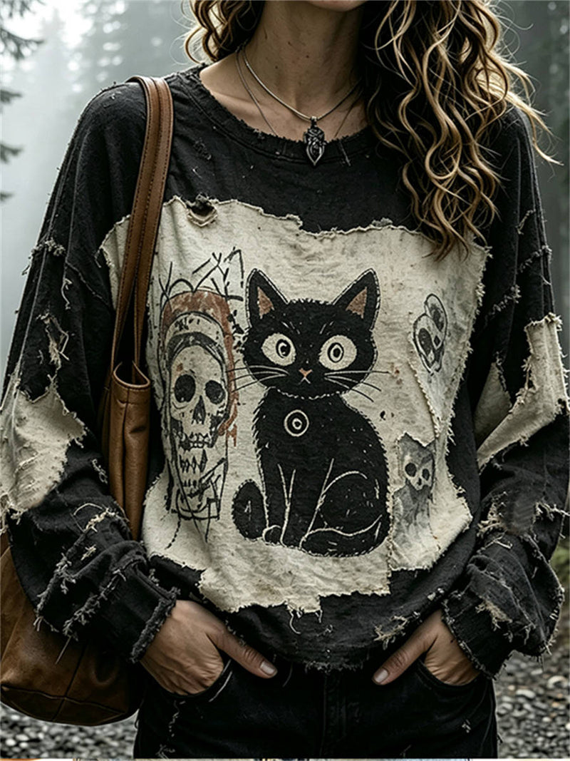 Women's Halloween Black Distressed Cat Skull Print Round Neck Long Sleeve Blouse