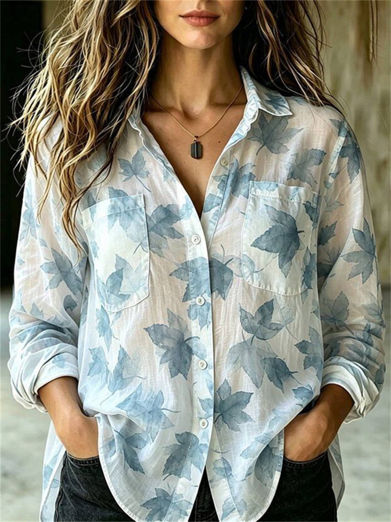 Women's White Blue Maple Leaf Print Collared Long Sleeve Shirt